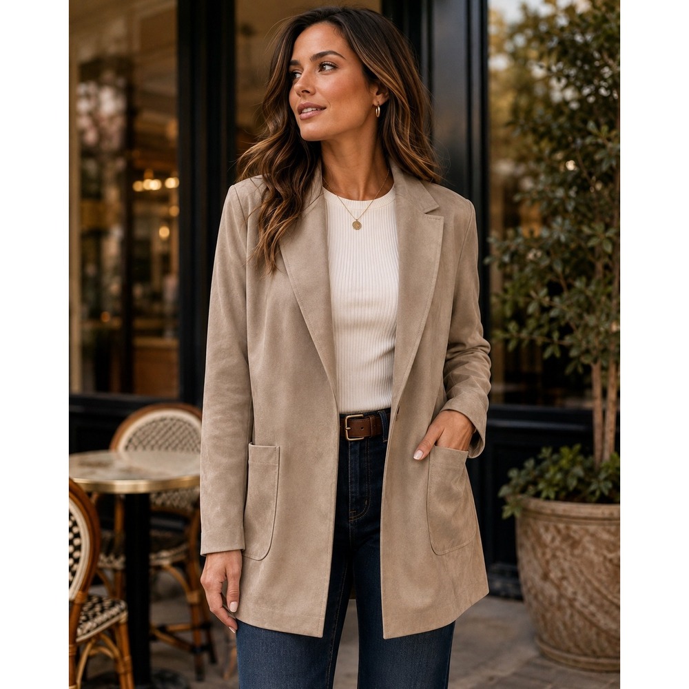 NWT Chic Minimalist Faux Suede Longline Blazer Jacket Quiet Luxury Tan Fall Sz L